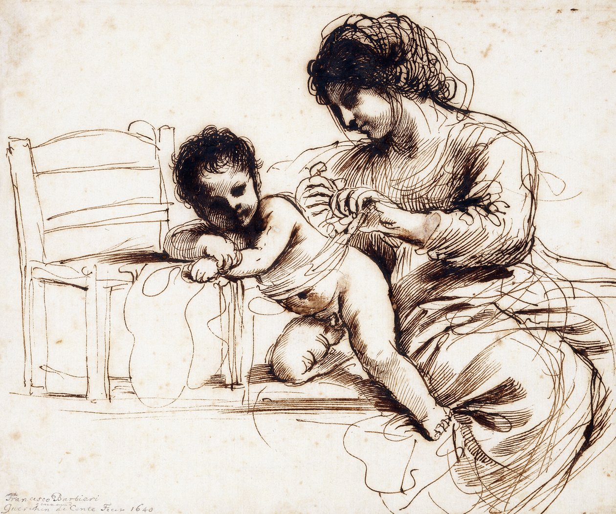 En mor og et barn ved en stol, af Guercino