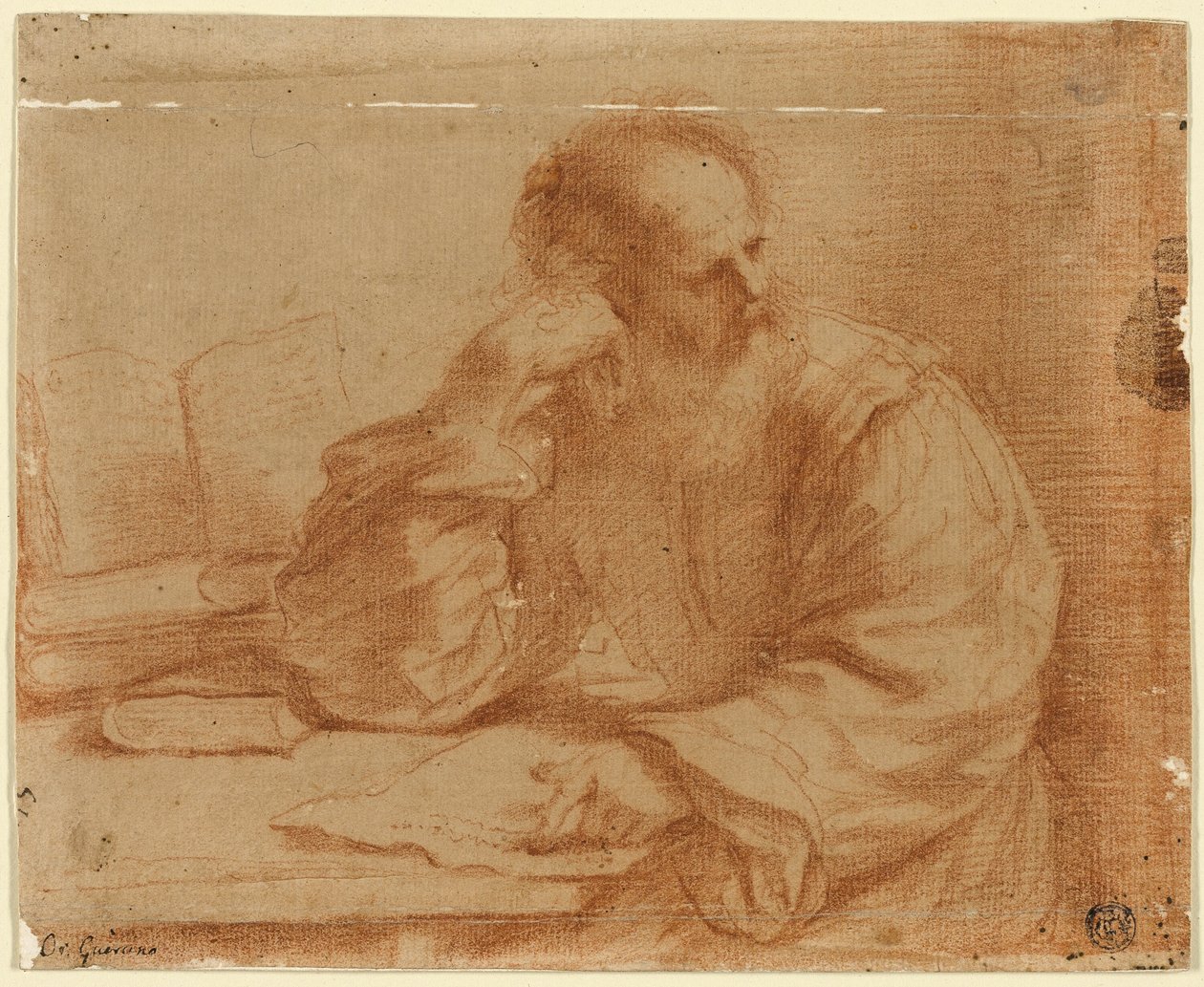 Skægget mand sidder ved bordet af Guercino