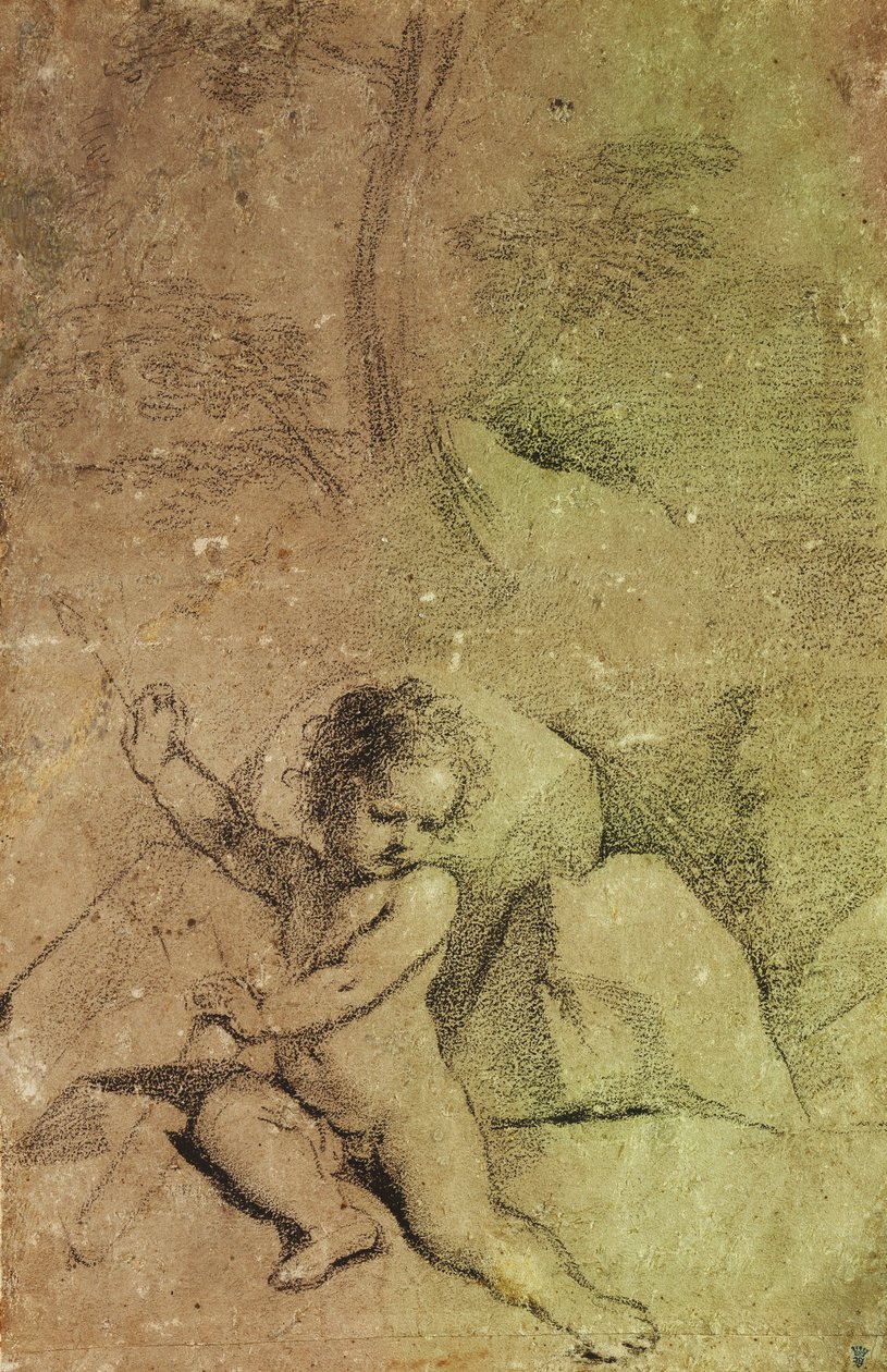 Amor tegner en pil fra et kogger i et landskab, af Guercino