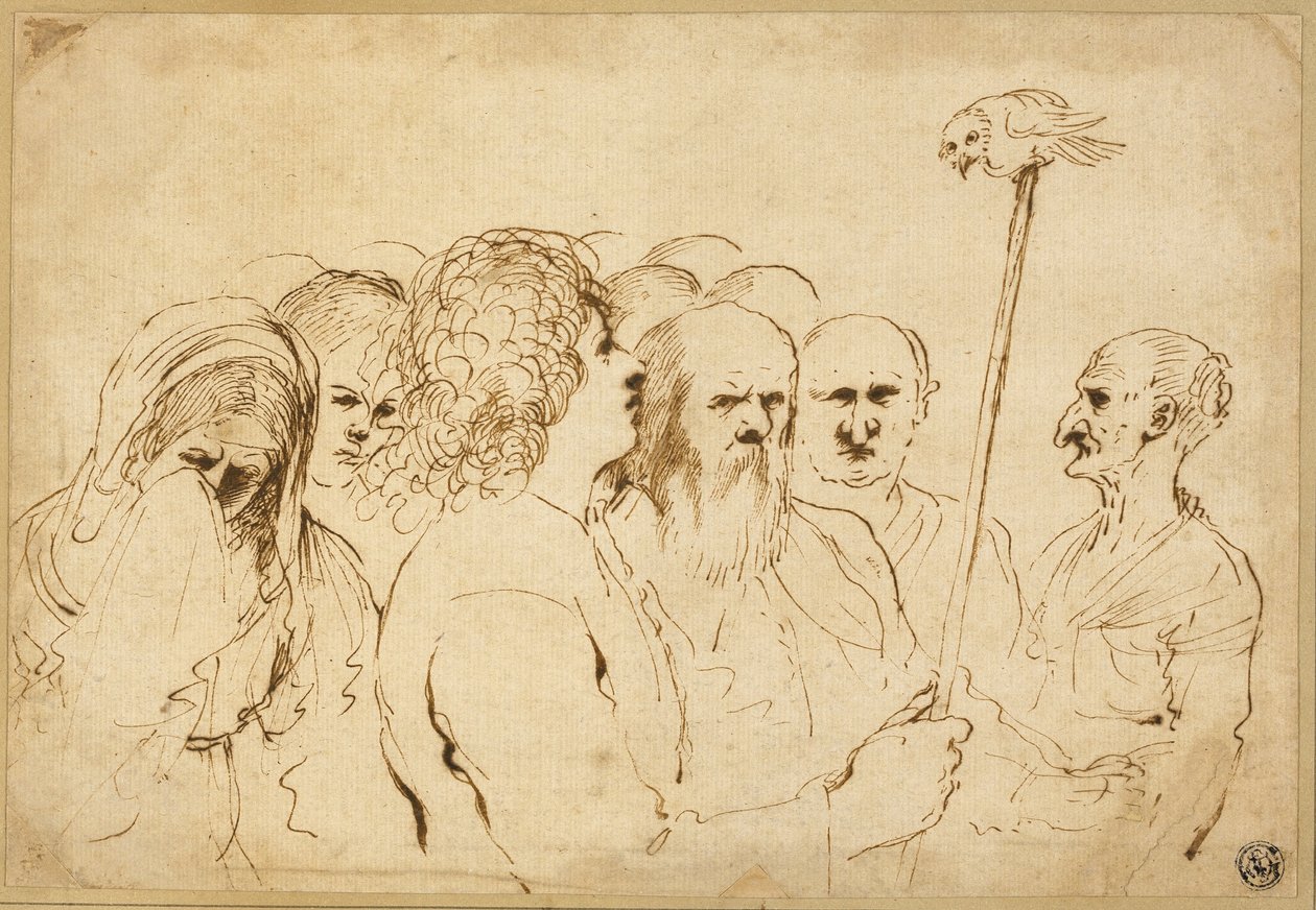 Gruppe af figurer, med ugle på en stang af Guercino