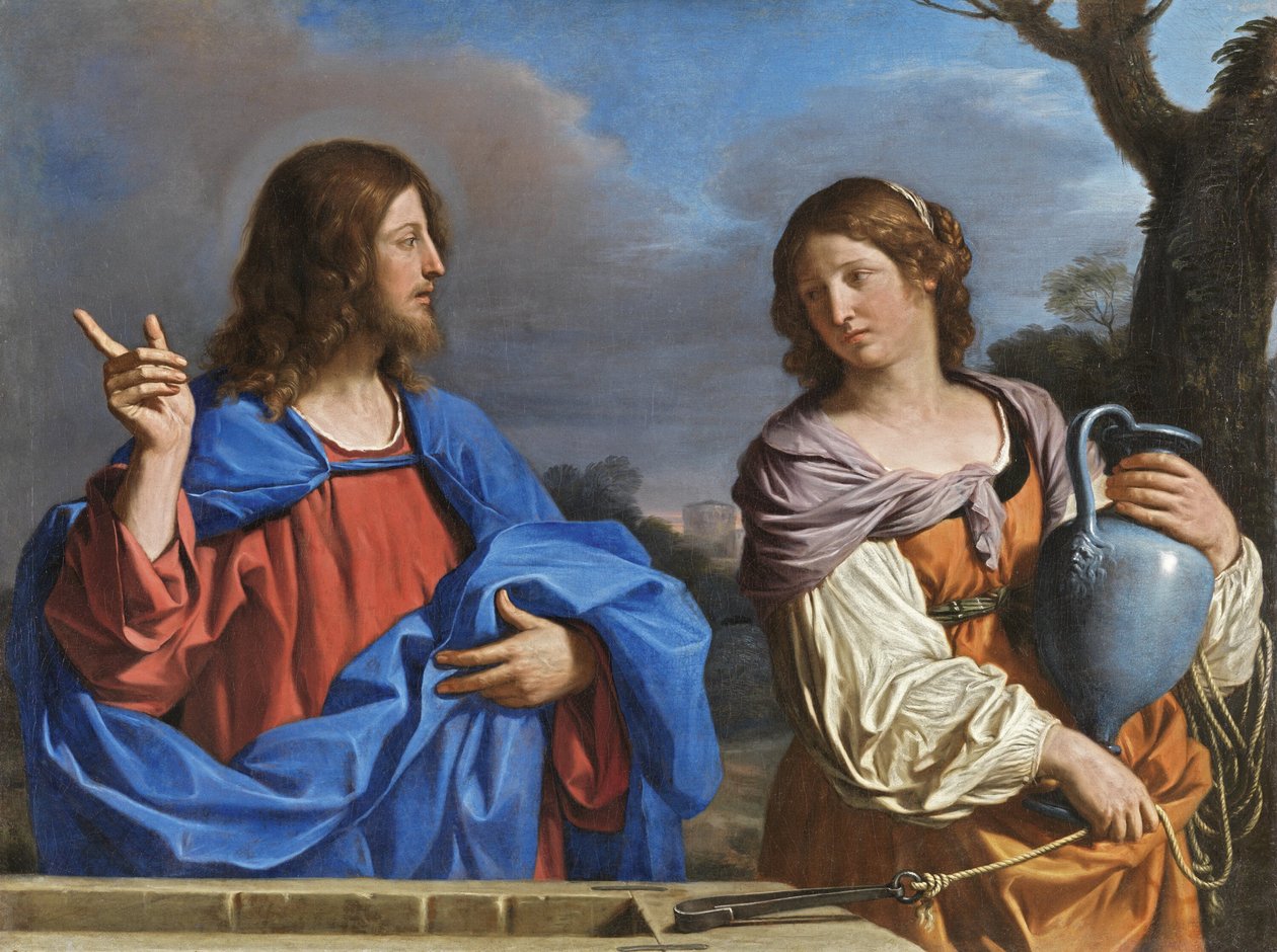 Italiensk:  Cristo e la Samaritana al pozzo Kristus og kvinden fra Samaria ved brønden af Guercino