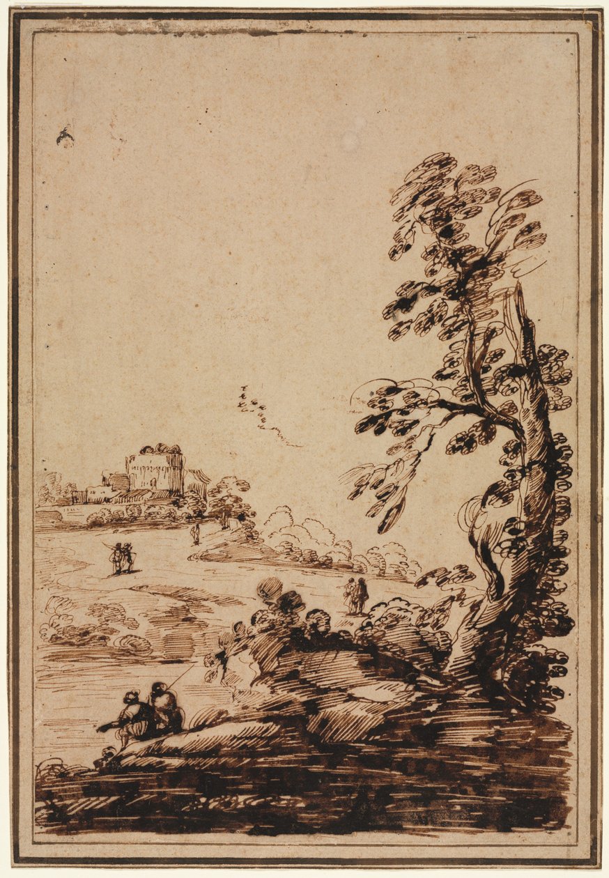 Landskab med lille gruppe bygninger, anden halvdel af 1700-tallet. af Guercino