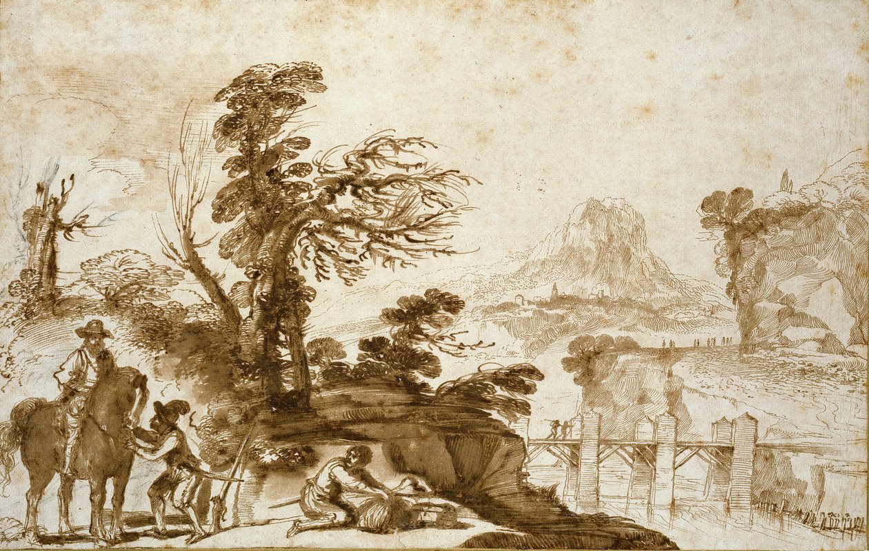 Landskab med en rytter og en bro, begyndelsen af 1600-tallet af Guercino