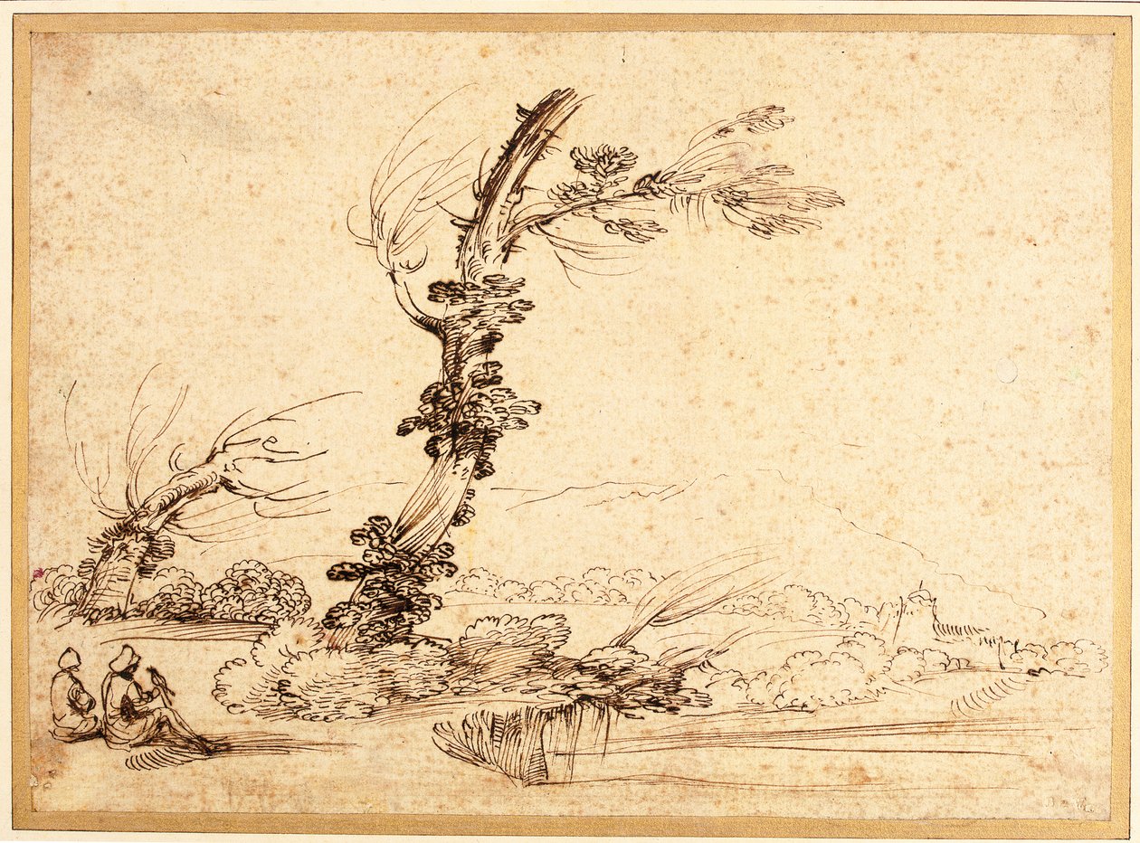 Landskab med falkoner ved et træ af Guercino