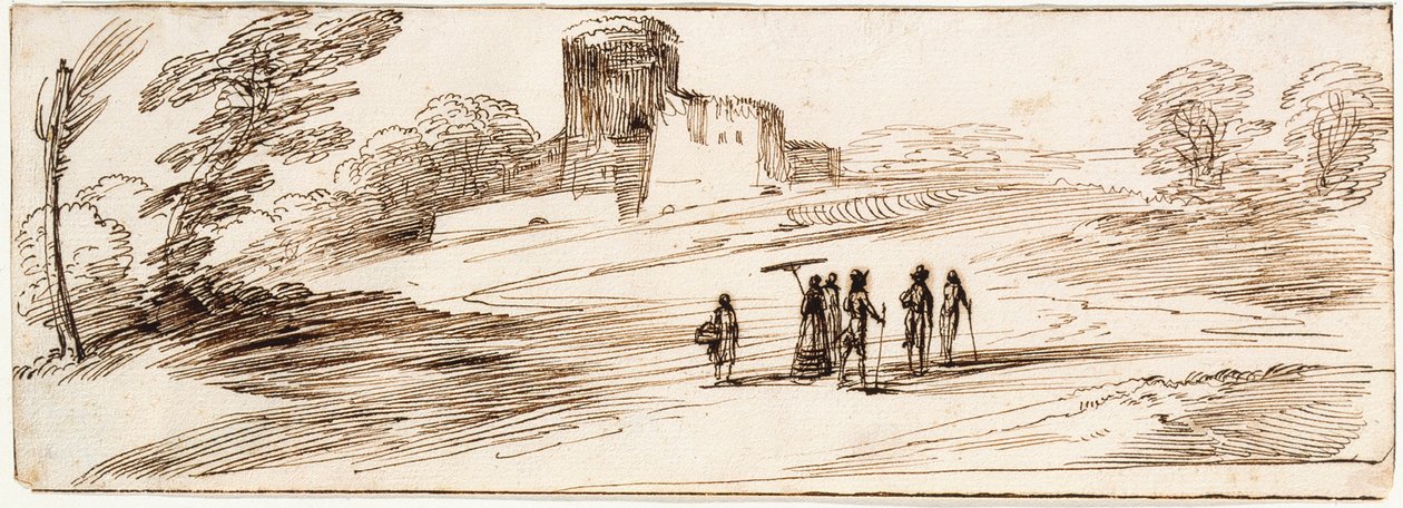 Landskab med borg og figurer af Guercino