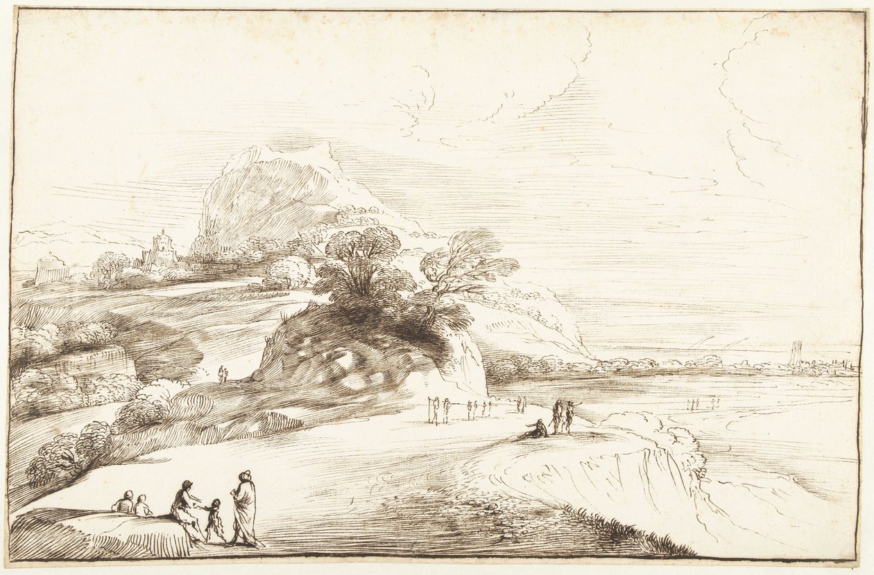Bjerglandskab med en fjern udsigt af Guercino