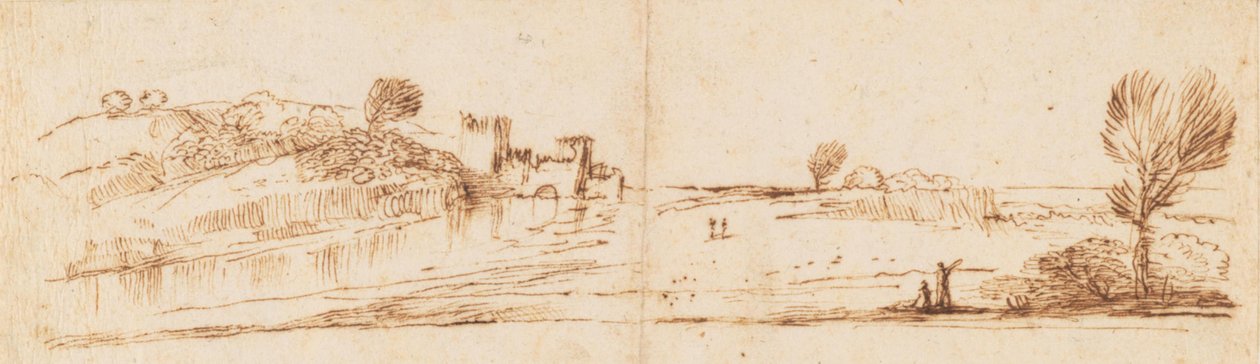 Panoramalandskab med en flod af Guercino