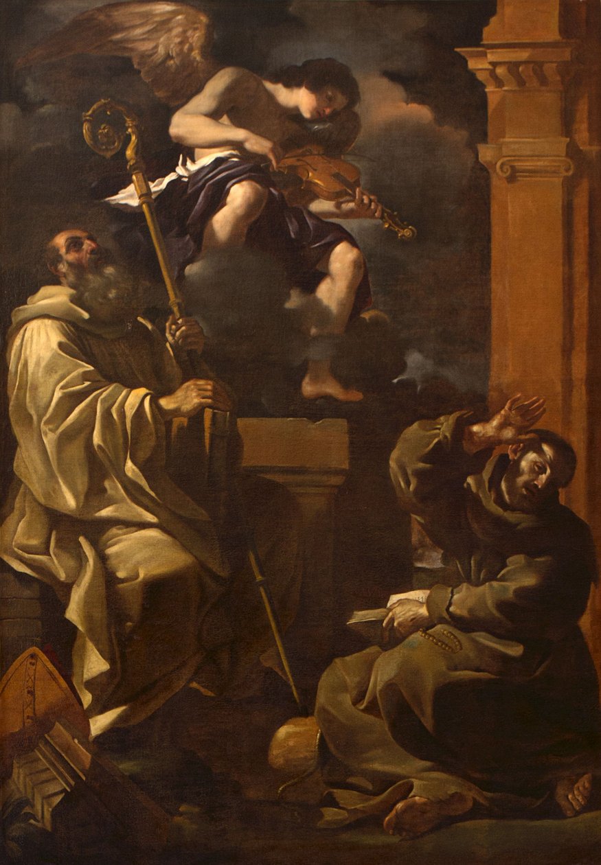 Sankt Benedikt og Sankt Frans lytter til en musikerengel. af Guercino