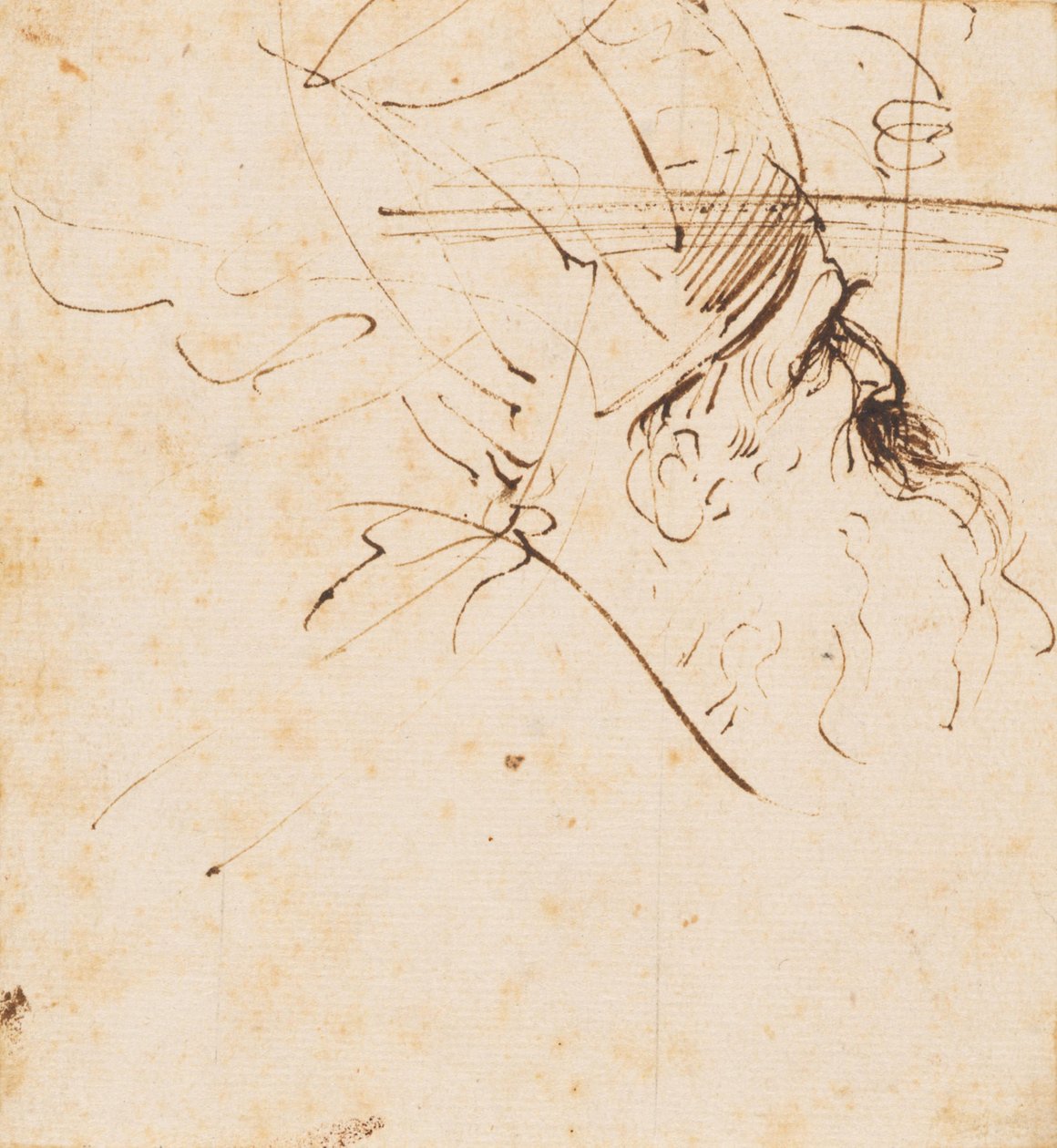Skitse af et gejstligs hoved med mitra, der ser op mod højre af Guercino