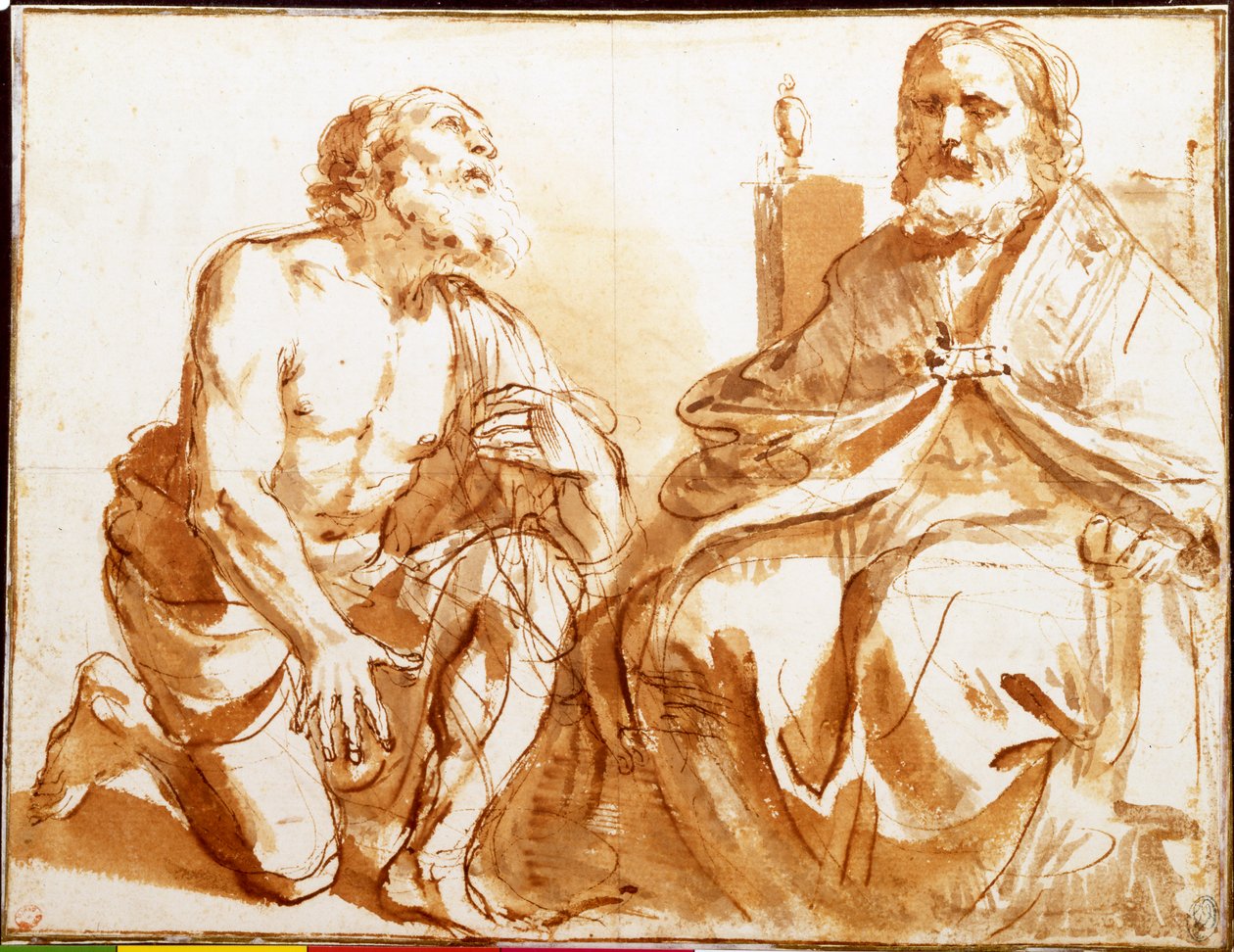 Siddende biskop og knælende helgen af Guercino