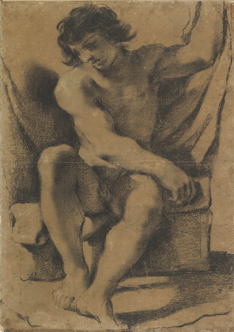 Siddende nøgen ung mand i næsten frontal udsigt, ca. 1618. af Guercino