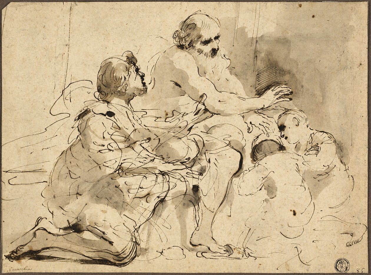 Studie for Jakob velsignelse af Josefs sønner (recto); Skitser: Sankt Christopher; To figurer i samtale om penge (verso) af Guercino