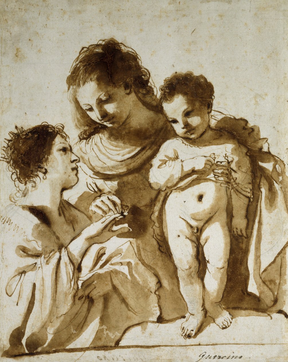 The Mystic Marriage of St Catherine, 1618-19 (pen & brunt blæk med brun vask over indikationer i sort kridt på hvidt papir) af Guercino