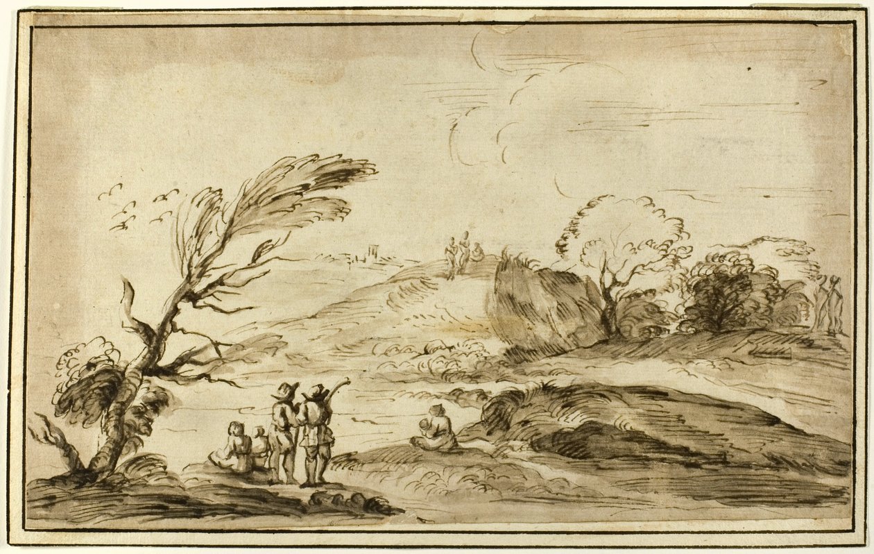 To grupper af figurer i et landskab af Guercino