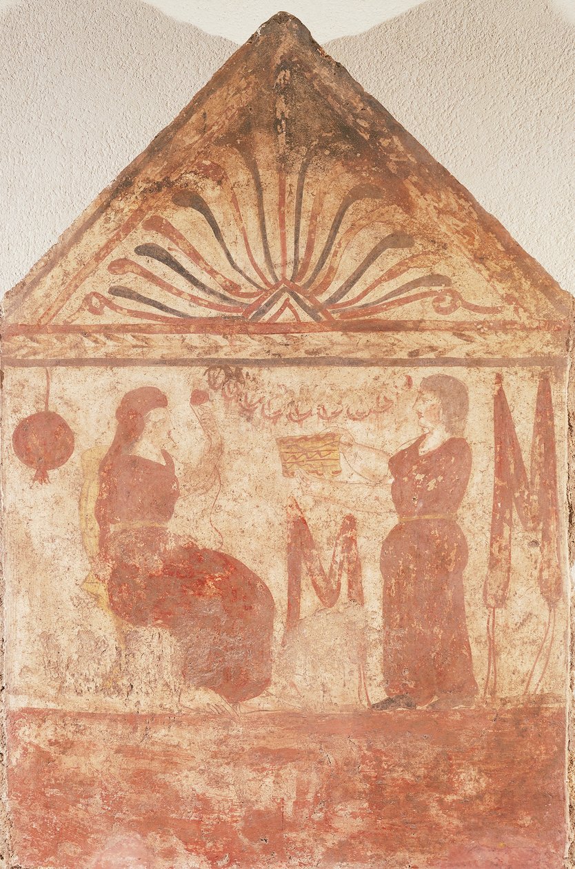 Maalattu hautakivi, jossa nainen istuu valtaistuimella pyörimässä, Andriuolo-Laghetto Paestumista Campaniasta Italiasta af Guglielmo Bilancioni