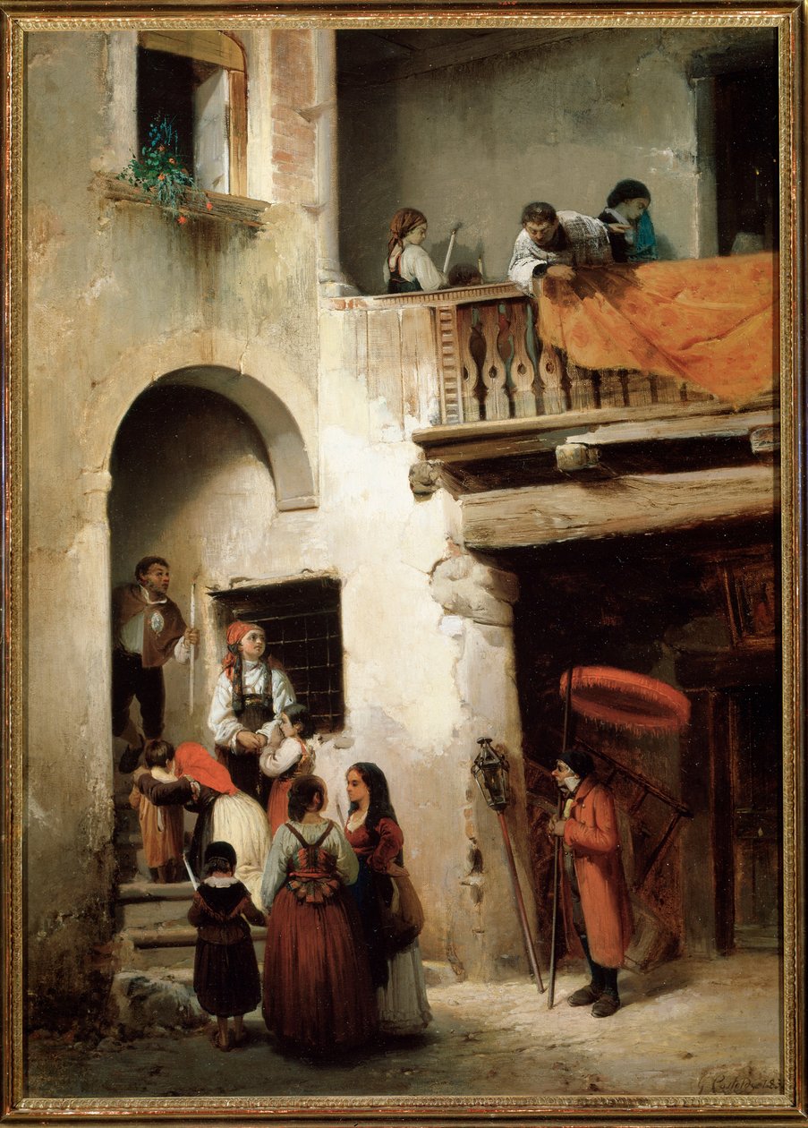 Ekstrem salv, en familie, der venter uden for en døende mands hus Maleri af Guglielmo Castoldi (1823-1882) 1858 Dim 89x64 cm Genes, Galleria d