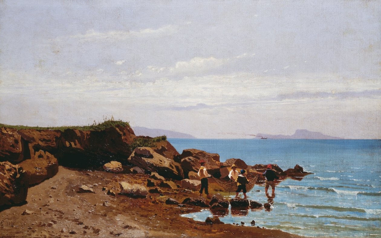 Fiskere på den napolitanske kyst, med øen Capri i baggrunden, af Guglielmo Ciardi (1842-1917), olie på lærred, 47,5x76,5 cm af Guglielmo Ciardi