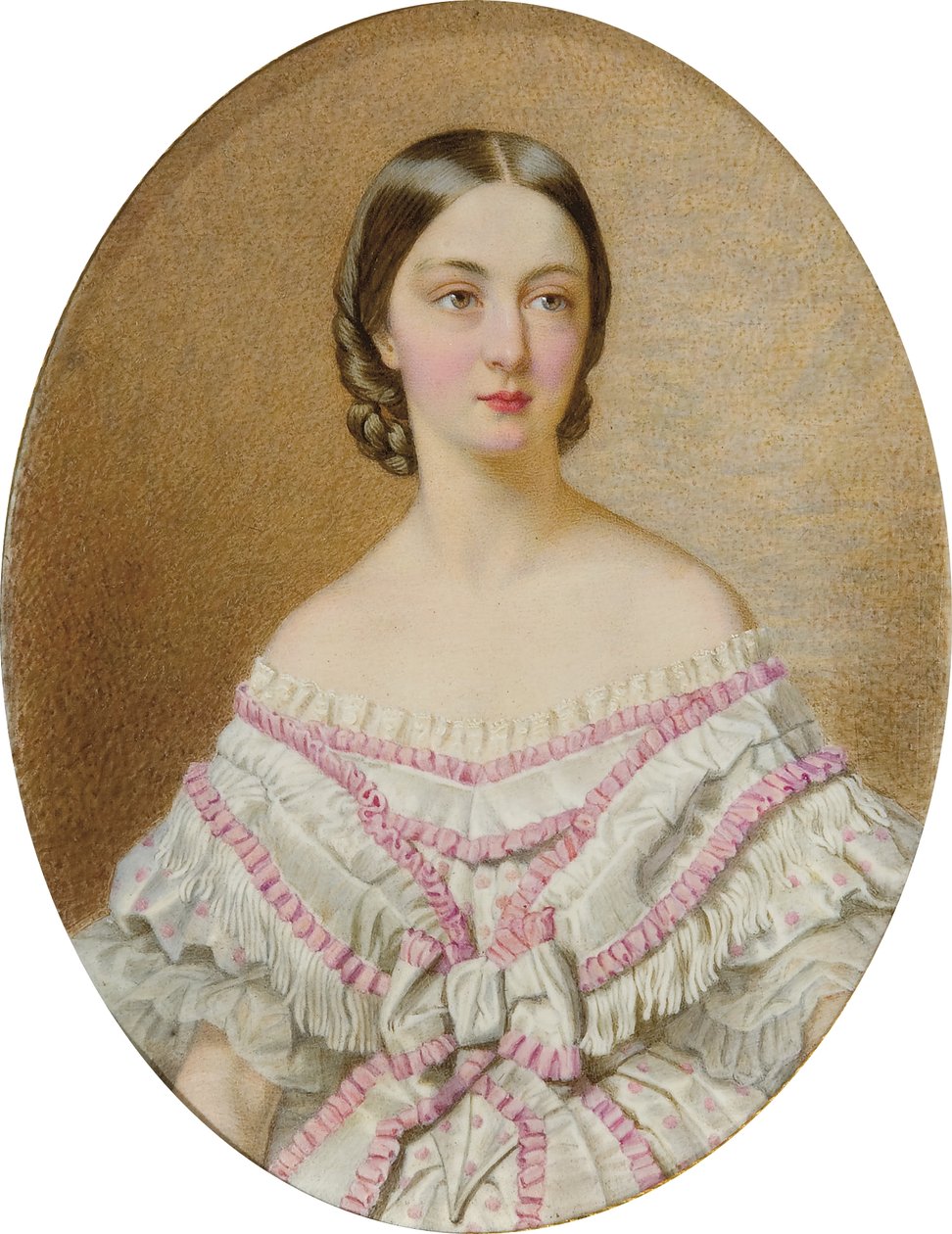 Portræt af Françoise, hertuginde af Chartres (1844-1925) i hvid kjole og sjal med lyserøde bikuber; af Guglielmo Faija