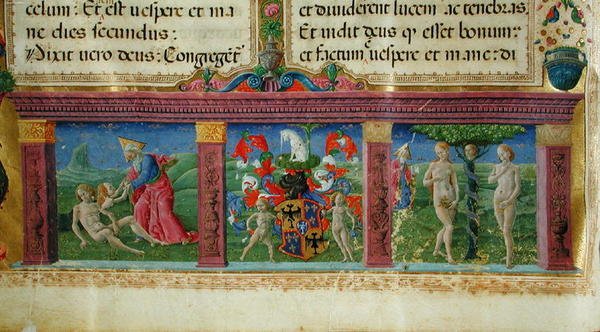 Adam og Evas skabelse og fristelse med våbenskjoldet fra huset Este, fra Bible des Chartreux af Guglielmo Giraldi