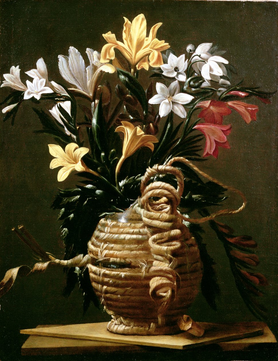 Stilleben af blomster i en halmbelagt kolbe af Guido Cagnacci