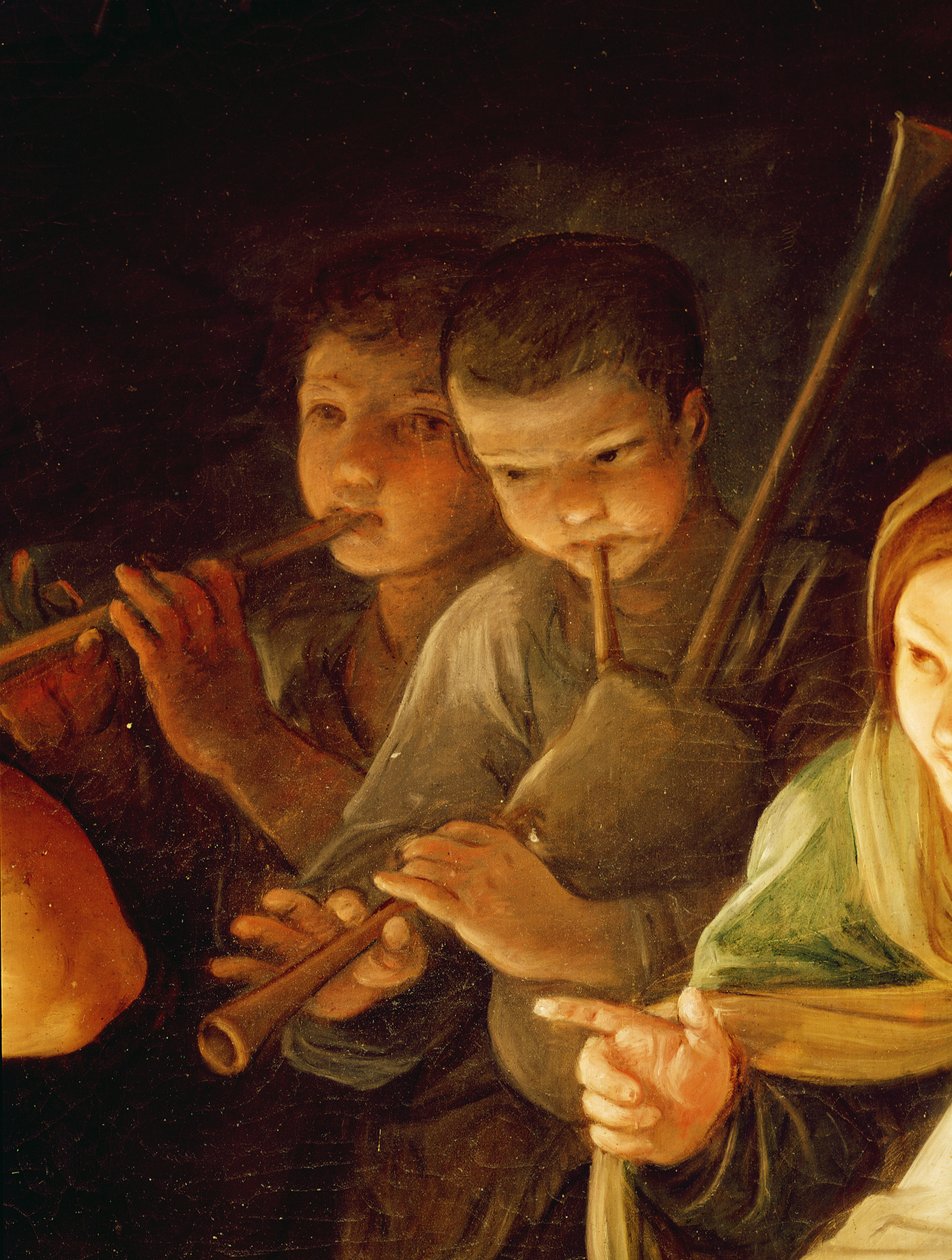 Tilbedelse af hyrderne detalje af de unge musikere i baggrunden, 1642 olie på lærred af Guido Reni