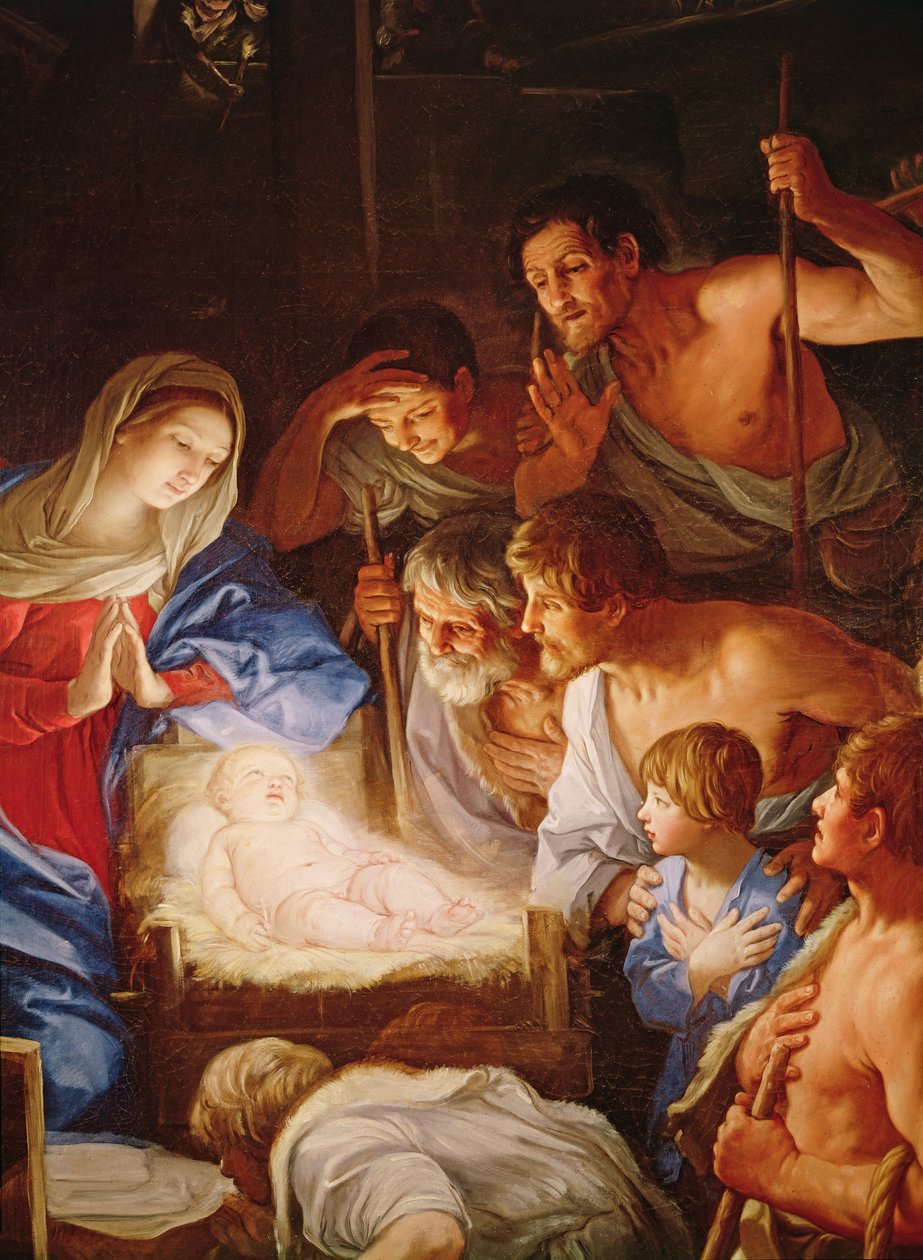 Hyrdernes tilbedelse, detalje af gruppen omkring Jesus af Guido Reni