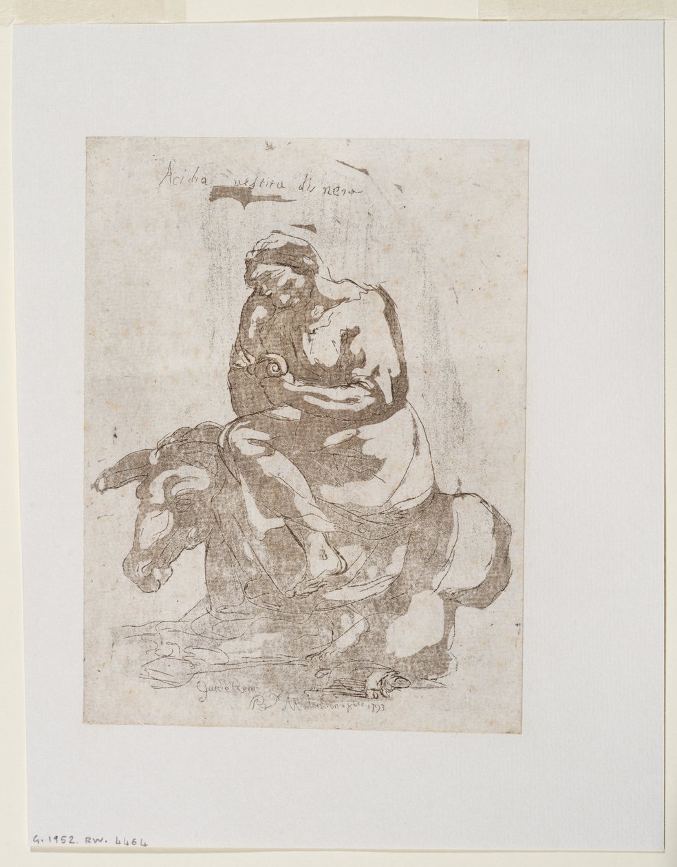 Acidia vestita di nero - Dovendyr siddende på et æsel, ca. 1793 (trykt i sorttryk og akvatinte) af Guido (after) Reni