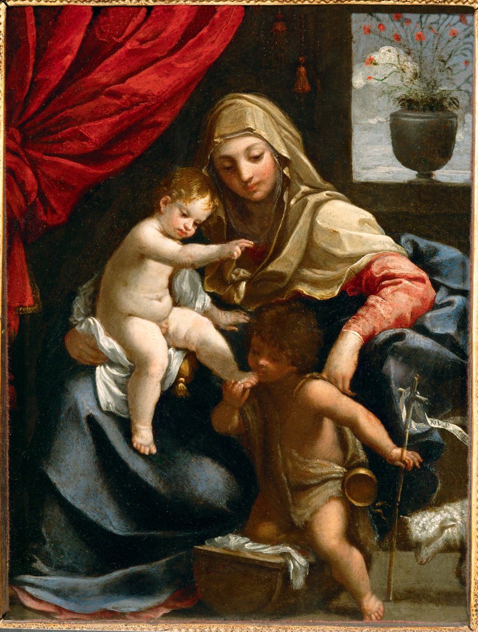 Jomfruen, Jesusbarnet og Johannes Døberen, følgesvend ... af Guido (follower of) Reni