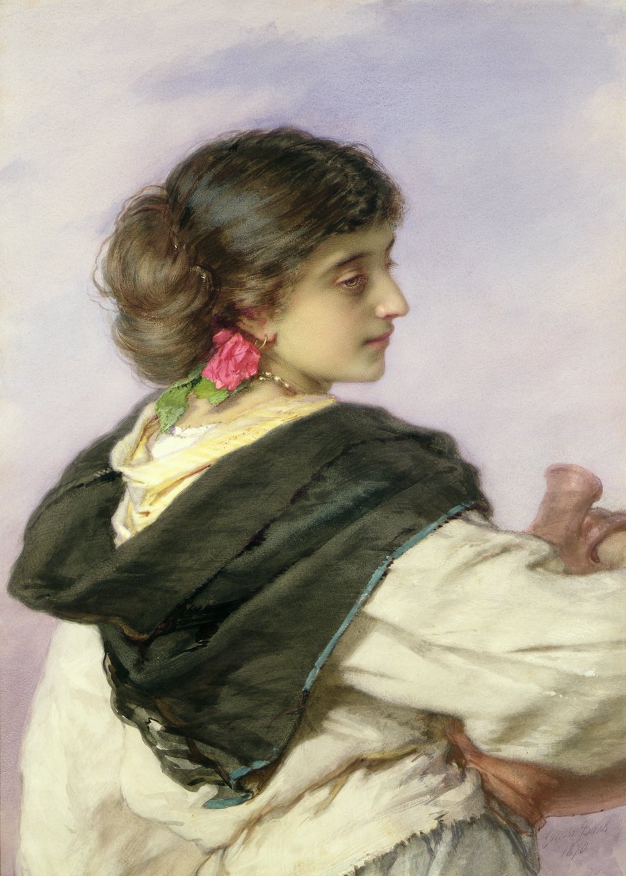 A Young Water Carrier, 1870 (wc og kropsfarve på papir) af Guido Bach