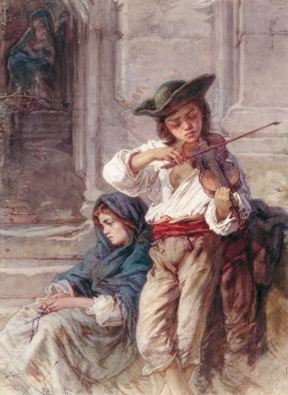 Den unge violinist, ca. 1880 (wc på papir) af Guido Bach