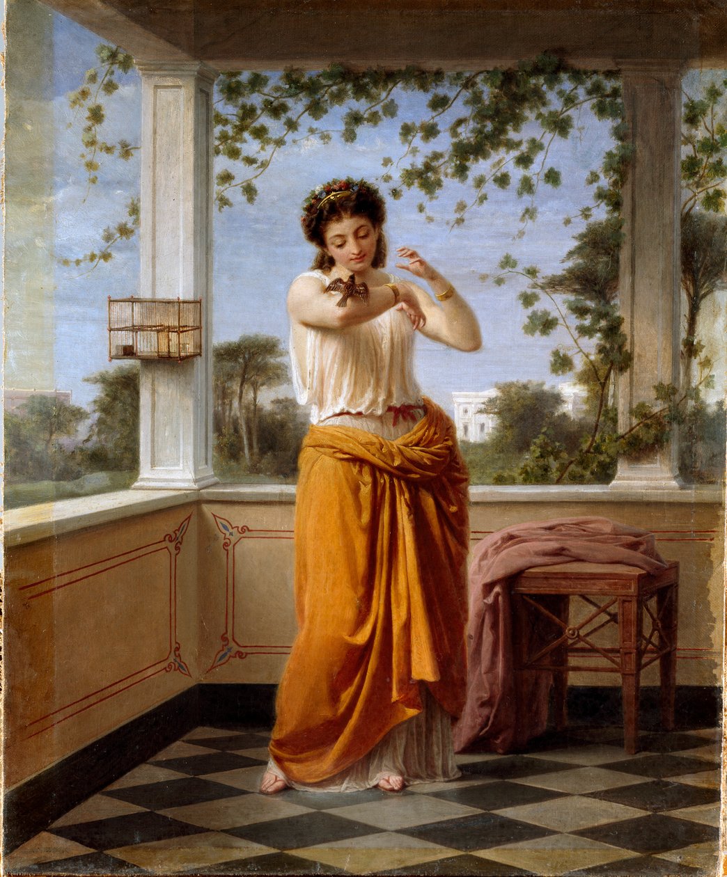Den flygtende Ung kvinde i en neoklassisk indretning, en lille fugl, der flygter fra sit bur, sidder på armen. Maleri af Guido Gonin (1833-1906) Dim. 57x47 cm Genes Nervi, Galleria af Arte Moderna, inv. 102 af Guido Gonin