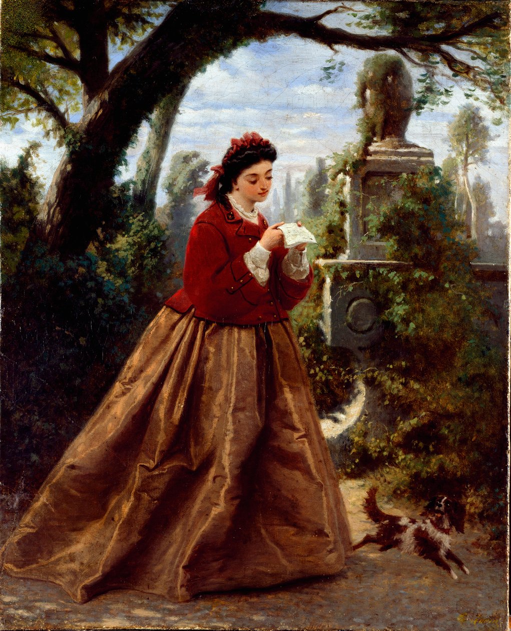 Brevet Ung kvinde læser et brev sandsynligvis af kærlighed, i et romantisk landskab. Maleri af Guido Gonin (1833-1906) 1868 Genes, Galleria d
