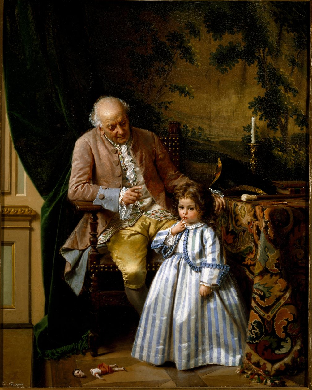 Irettesættelsen. En lille pige bliver skældt ud, fordi hun knækkede sin dukke. Legetøjet faldt på gulvet. Maleri af Guido Gonin (1833-1906) af Guido Gonin