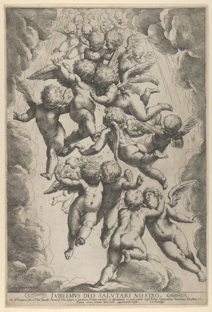 En gruppe engle, der omfavner sig under flugten, indrammet af skyer, ca. 1607., ca. 1607. af Guido Reni