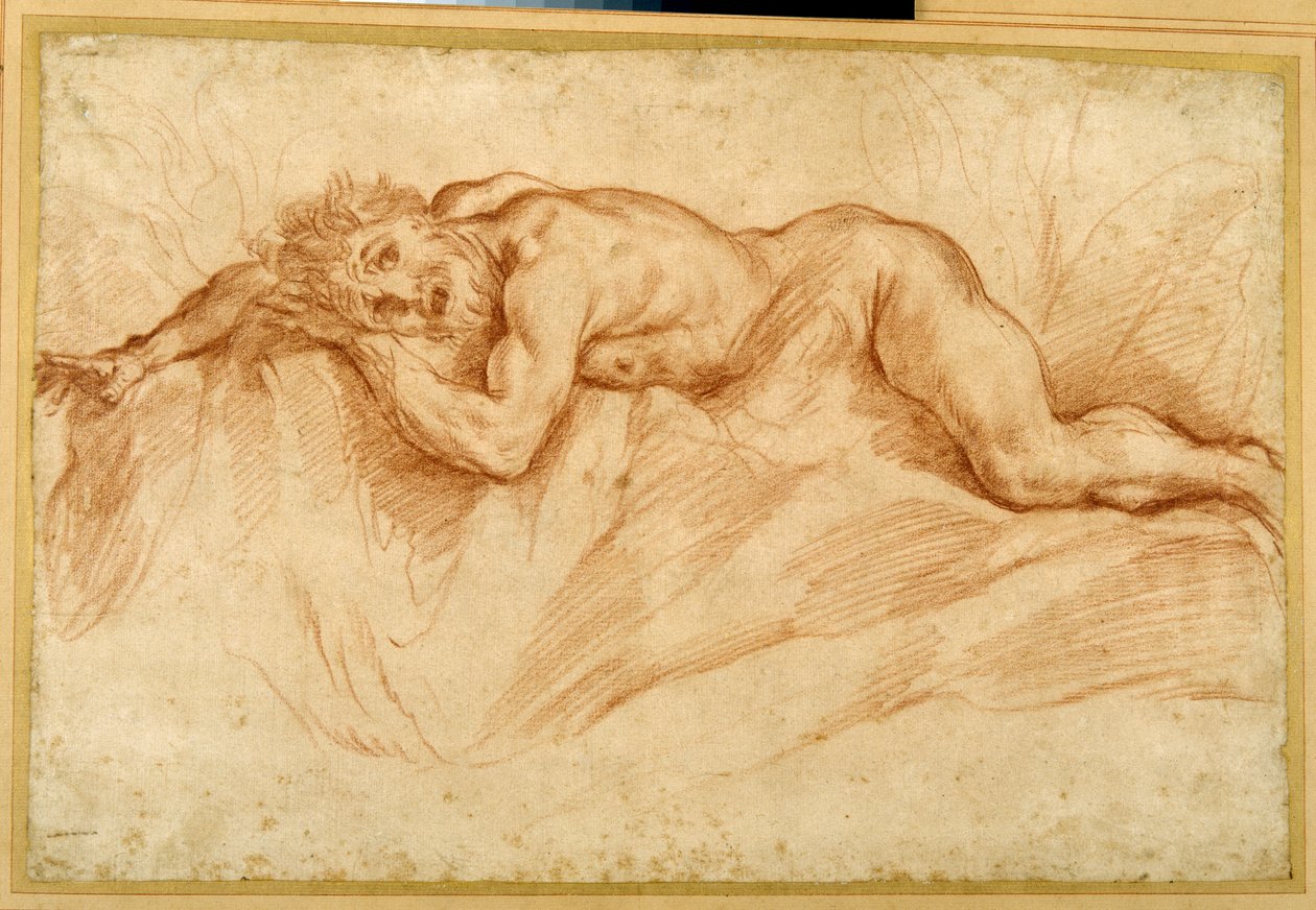 En rædselsslagen nøgen mand, tilbøjelig på stenet jord (rødt kridt på papir) af Guido Reni