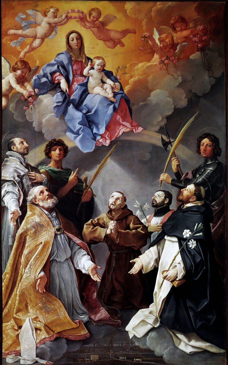 Pestens altertavle: Jomfru med barn med den hellige Petronius, den hellige Frans, den hellige Ignatius, den hellige Frans Xavier, Proculus af Bologna og Florian (maleri af Guido Reni