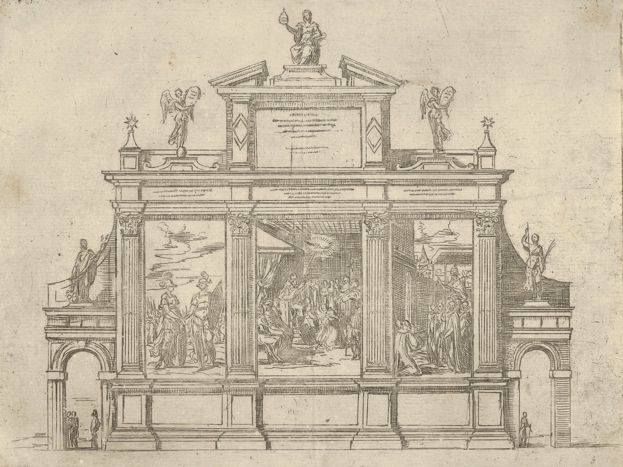 Facade af et triumfmonument med tre scener, der viser pave Clemens VIII