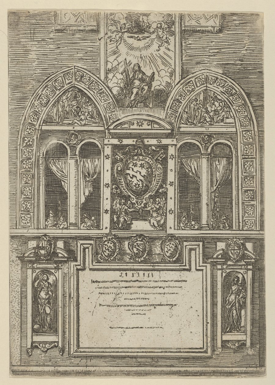 Facade af Palazzo del Senato i Bologna med de pavelige våben i centrum, med midlertidig ..., 1598. af Guido Reni