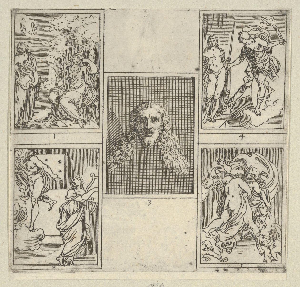 Fem nummererede scener, hver efter en maler i Accademia Degli Incamminati, fra IL FUME..., 1603. af Guido Reni