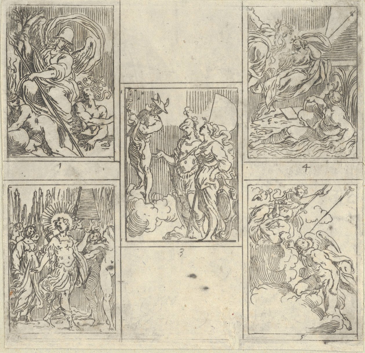 Fem nummererede scener, hver efter en maler i Accademia Degli Incamminati, fra IL FUME..., 1603. af Guido Reni