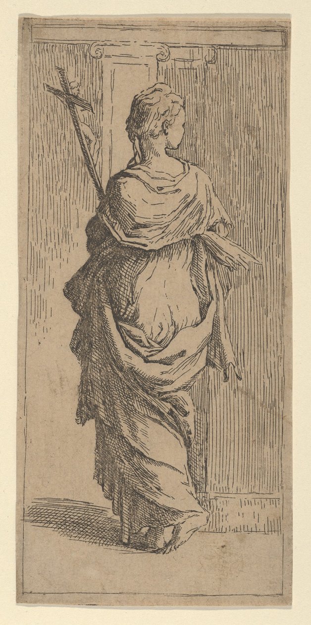 Pige, der bærer et krucifiks og træder mod en pilaster, set bagfra, ca. 1590-1600. af Guido Reni