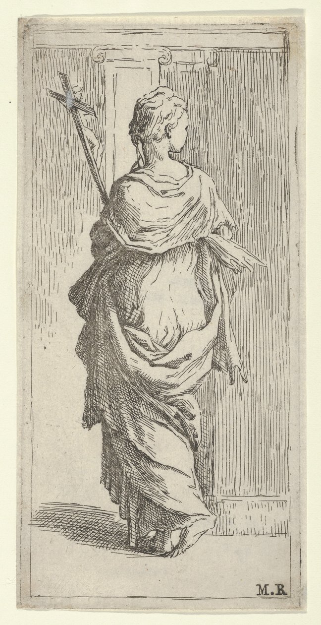 Pige, der bærer et krucifiks og træder mod en pilaster, set bagfra, ca. 1590-1600. af Guido Reni