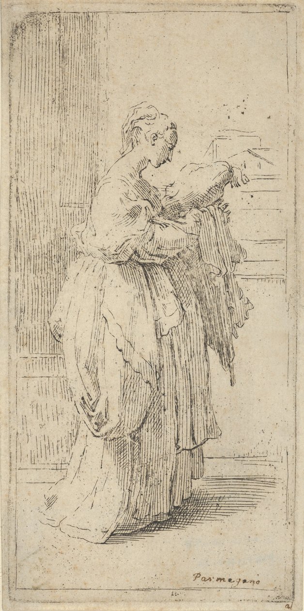 Pige med hynde, set i profil mod højre, 1590-1690. af Guido Reni