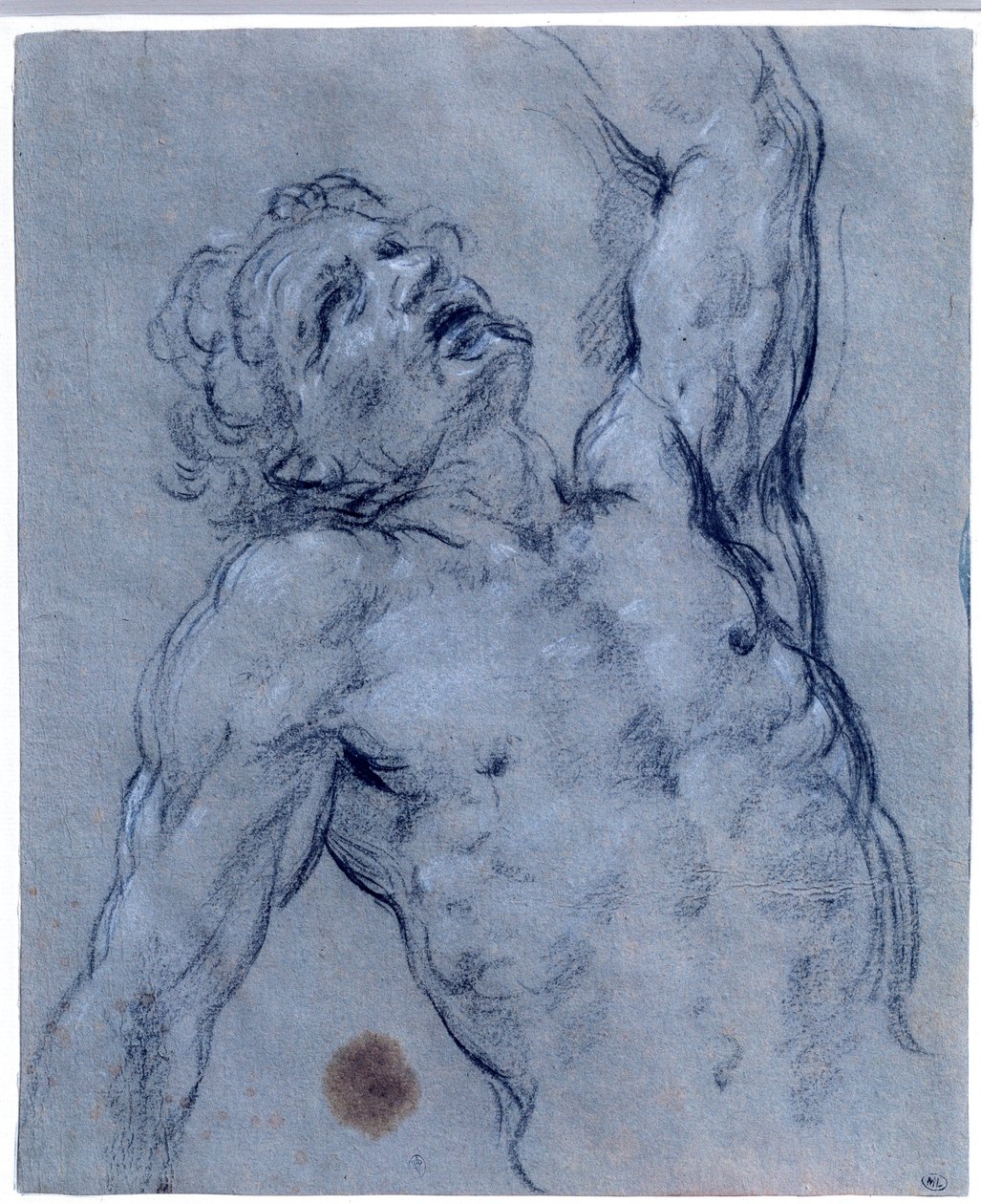 Halvfigur af nøgen mand, vender tilbage og foregiver at lide. Sort stentegning af Guido Reni kaldet Guiden (1573-1642). Søn 0,26x0,21 m Paris, museum du Louvre af Guido Reni