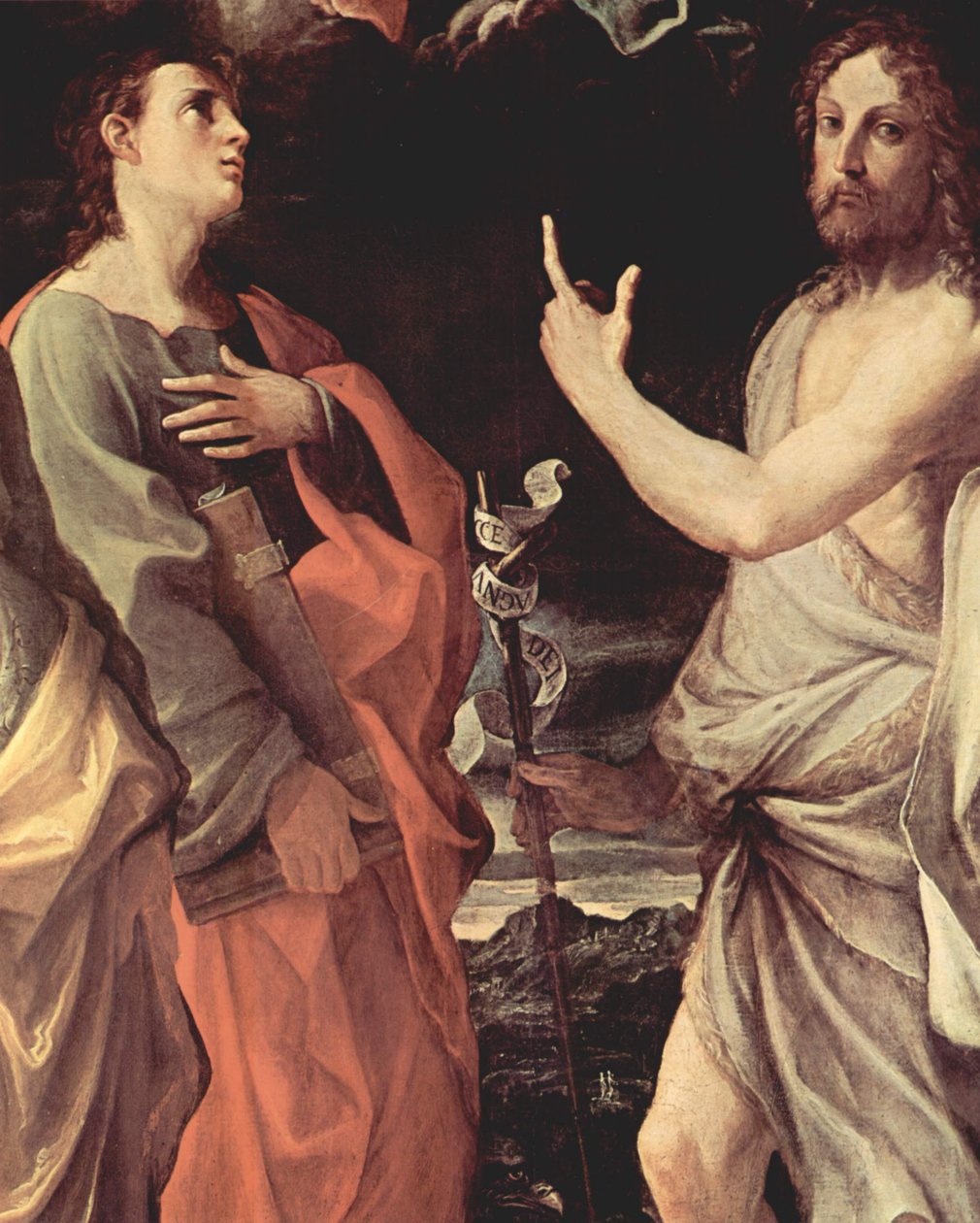 Italiensk: Jomfruens kroning med de hellige Johannes Evangelisten, Johannes Døberen, Bernhard og Katarina af Alexandria, detalje: Johannes Evangelisten og Johannes Døberen af Guido Reni