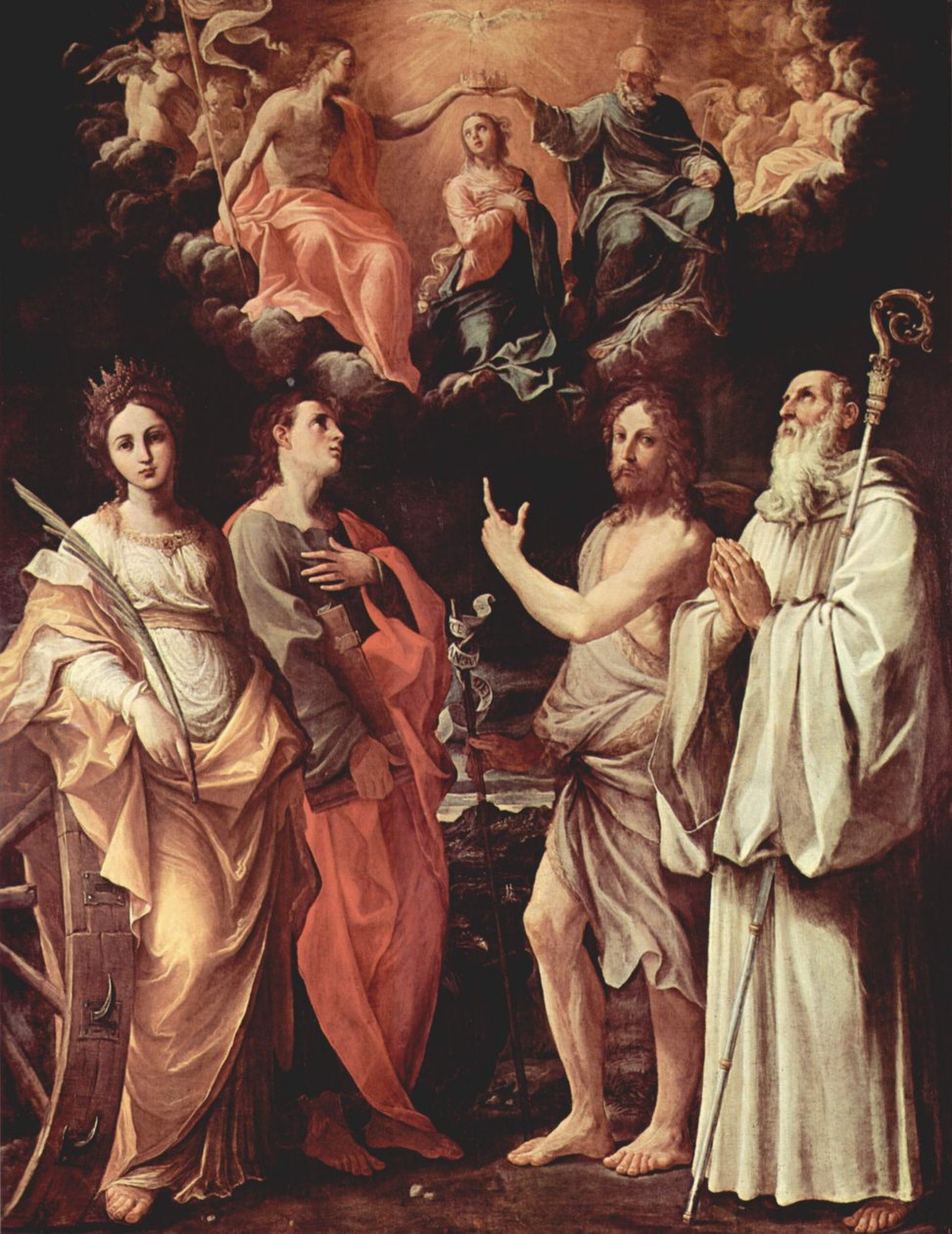 Italiensk: Jomfruens kroning med de hellige Johannes Evangelisten, Johannes Døberen, Bernhard og Katarina af Alexandria af Guido Reni