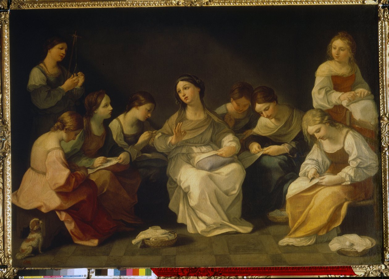Jomfruens uddannelse. (Jomfruens uddannelse). Maleri af Guido Reni (1575-1642), olie på lærred af Guido Reni