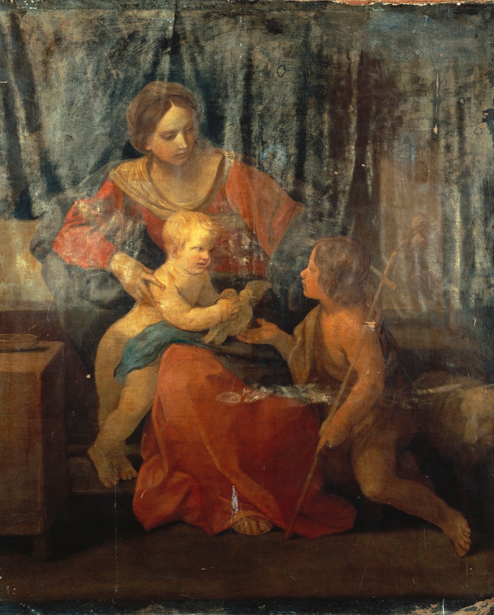 Madonna og barn med Johannes Døberen i et indre, ca. 1640 af Guido Reni