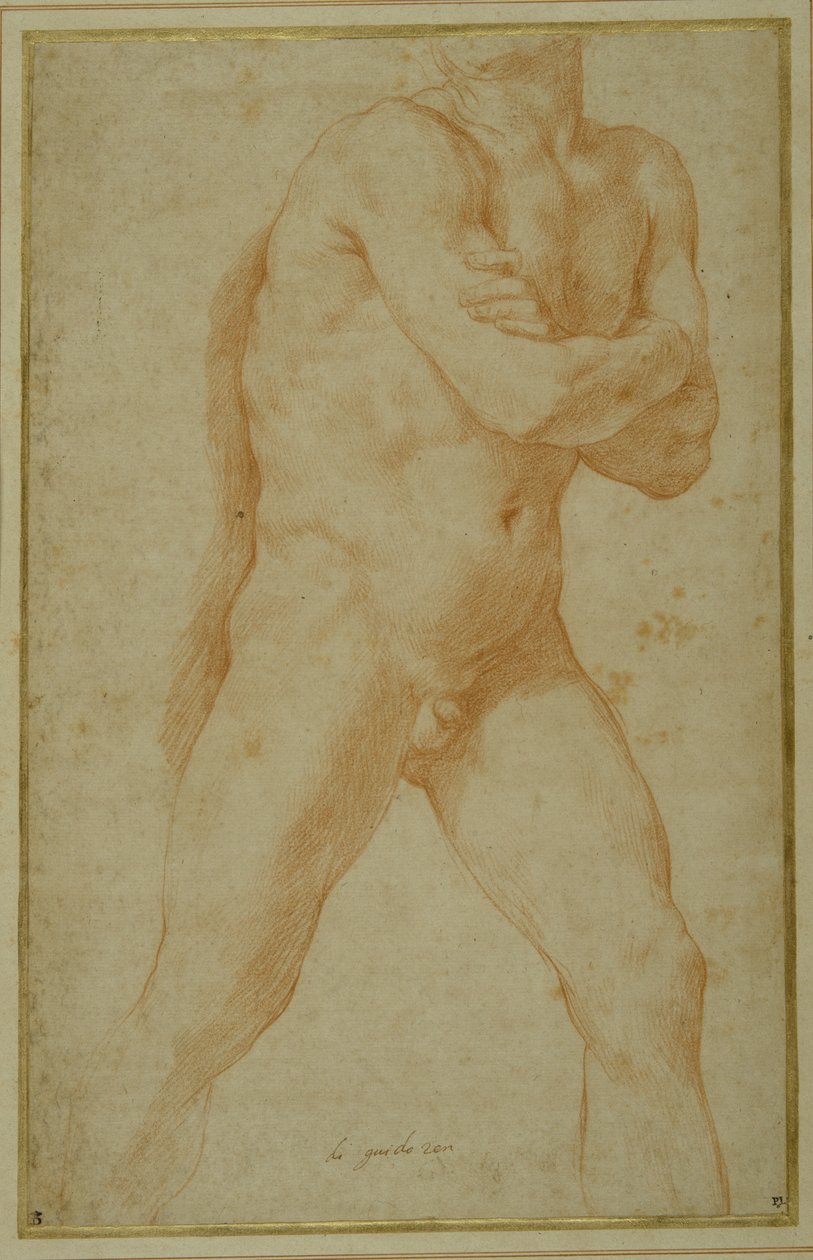 Nøgen mand skrider frem, med armene foldede og kigger over denne højre skulder (rødt kridt på cremepapir) af Guido Reni