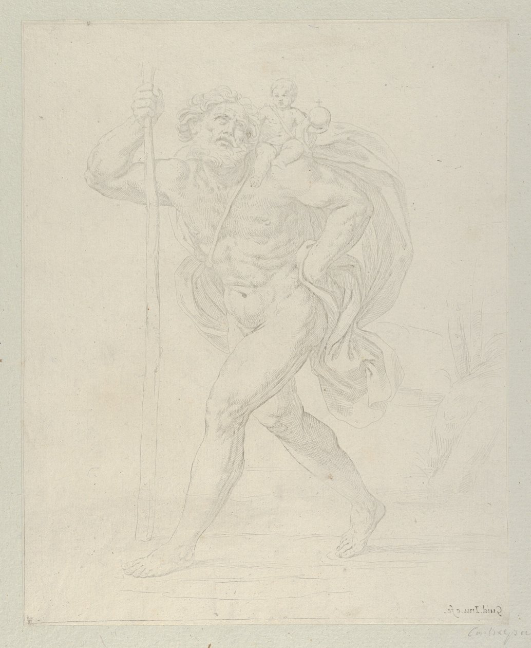 Sankt Christopher gående med spædbarnet Kristus på venstre skulder, modpro..., ca. 1600-1640. af Guido Reni